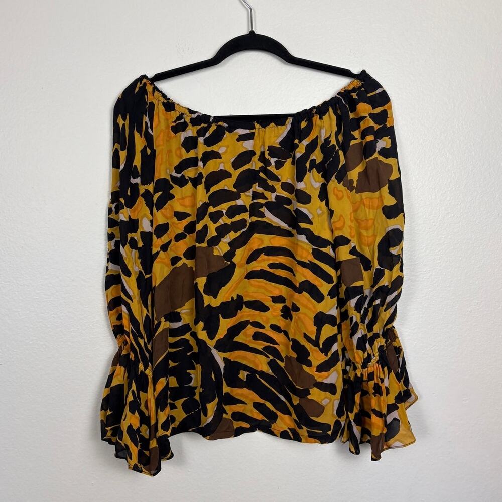 Betsey Johnson VTG Y2K Cheetah Animal Print Bell Sleeve Off Shoulder Blouse 2